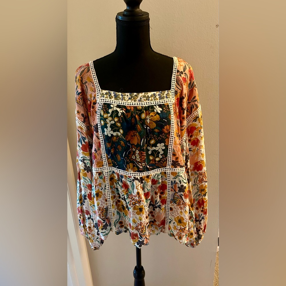Maeve Floral Blouse with Lace Trim - Multicolor